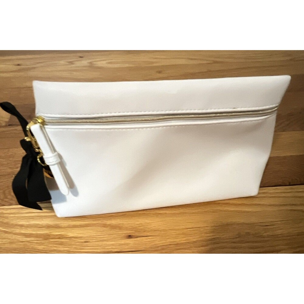 JAFRA White & Black Makeup Bag with Black Bow, Zipper Closure